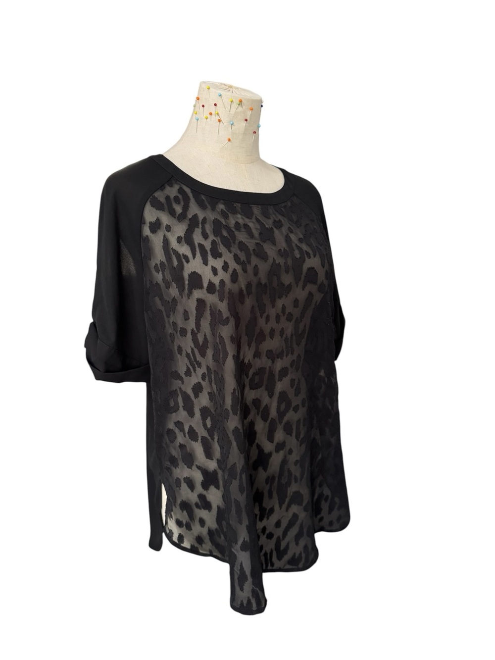Banana Republic | Black Sheer Animal Print Short Sleeve Top, Size L